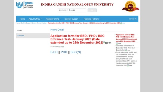 IGNOU 2022 Registration For BED PHD BSC N Entrance Test Ends Tomorrow