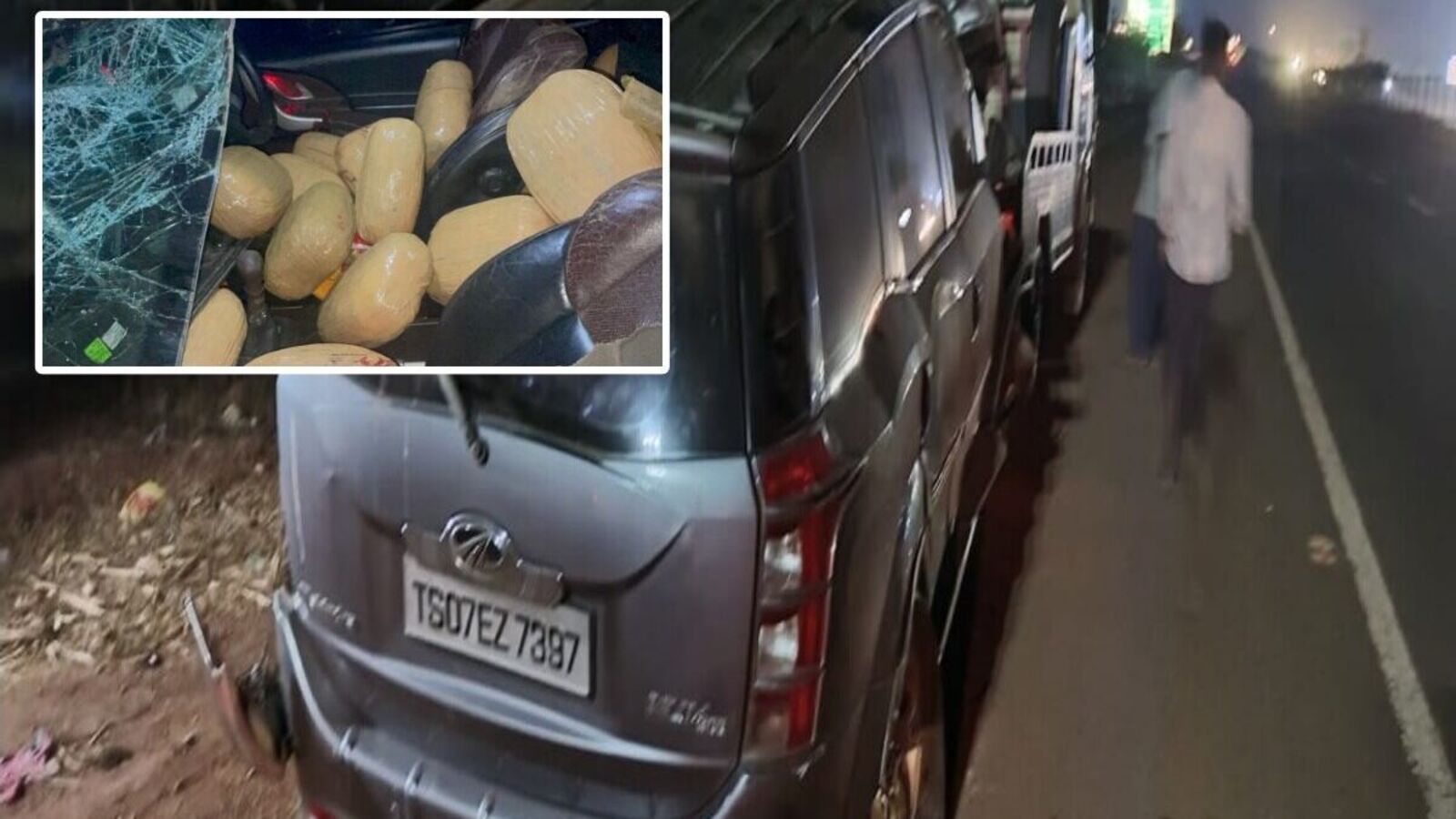 Sangareddy Crime : సంగారెడ్డి జిల్లాలో బోల్తా కొట్టిన కారు, బయటపడ్డ 2 కింటాళ్ల గంజాయి