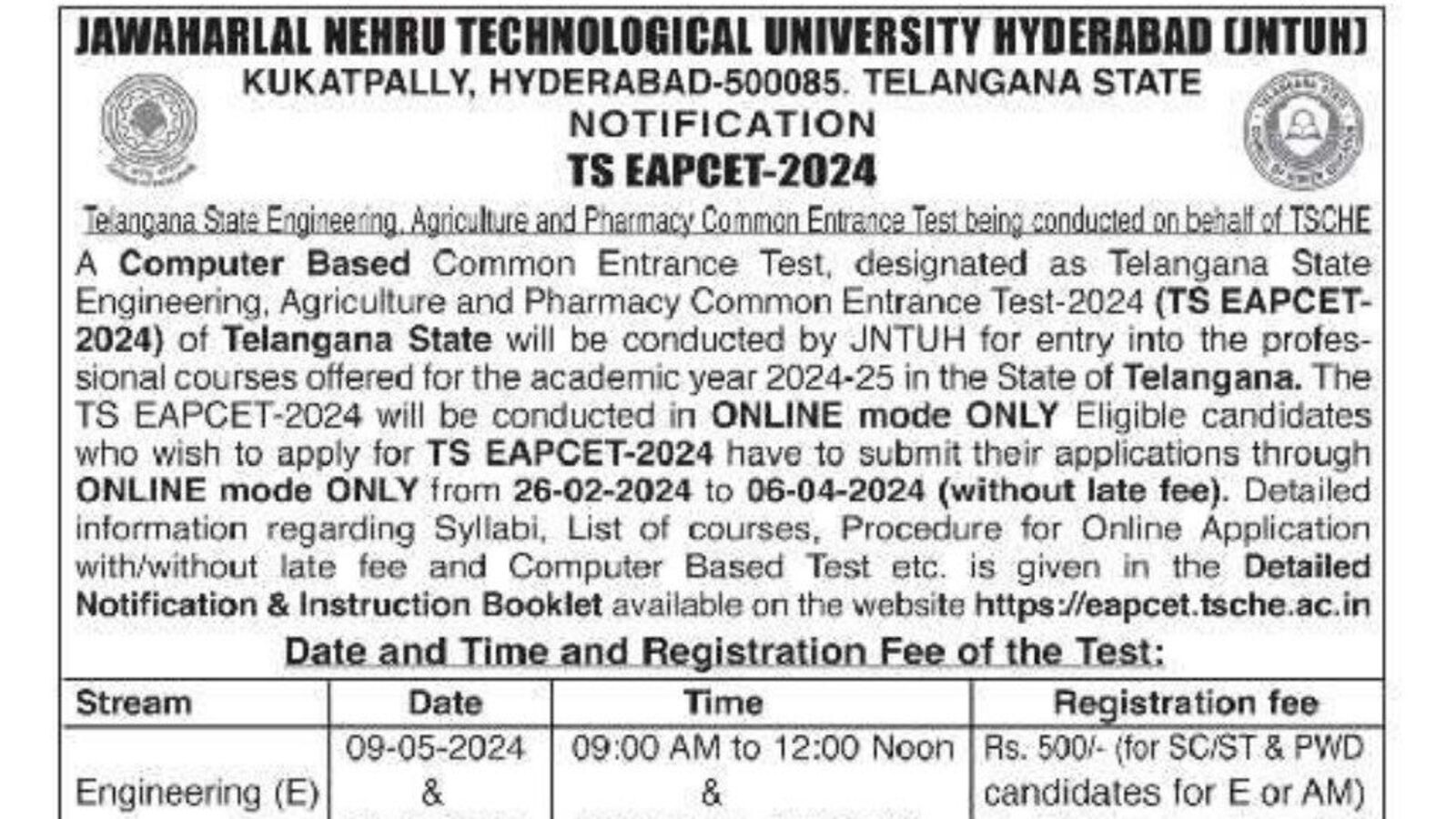 TS EAP CET 2024: తెలంగాణ ఈఏపీ సెట్ 2024 నోటిఫికేషన్ విడుదల.. మే 9,10 ఇంజనీరింగ్, 11,12న అగ్రికల్చర్, ఫార్మా ఎంట్రన్స్