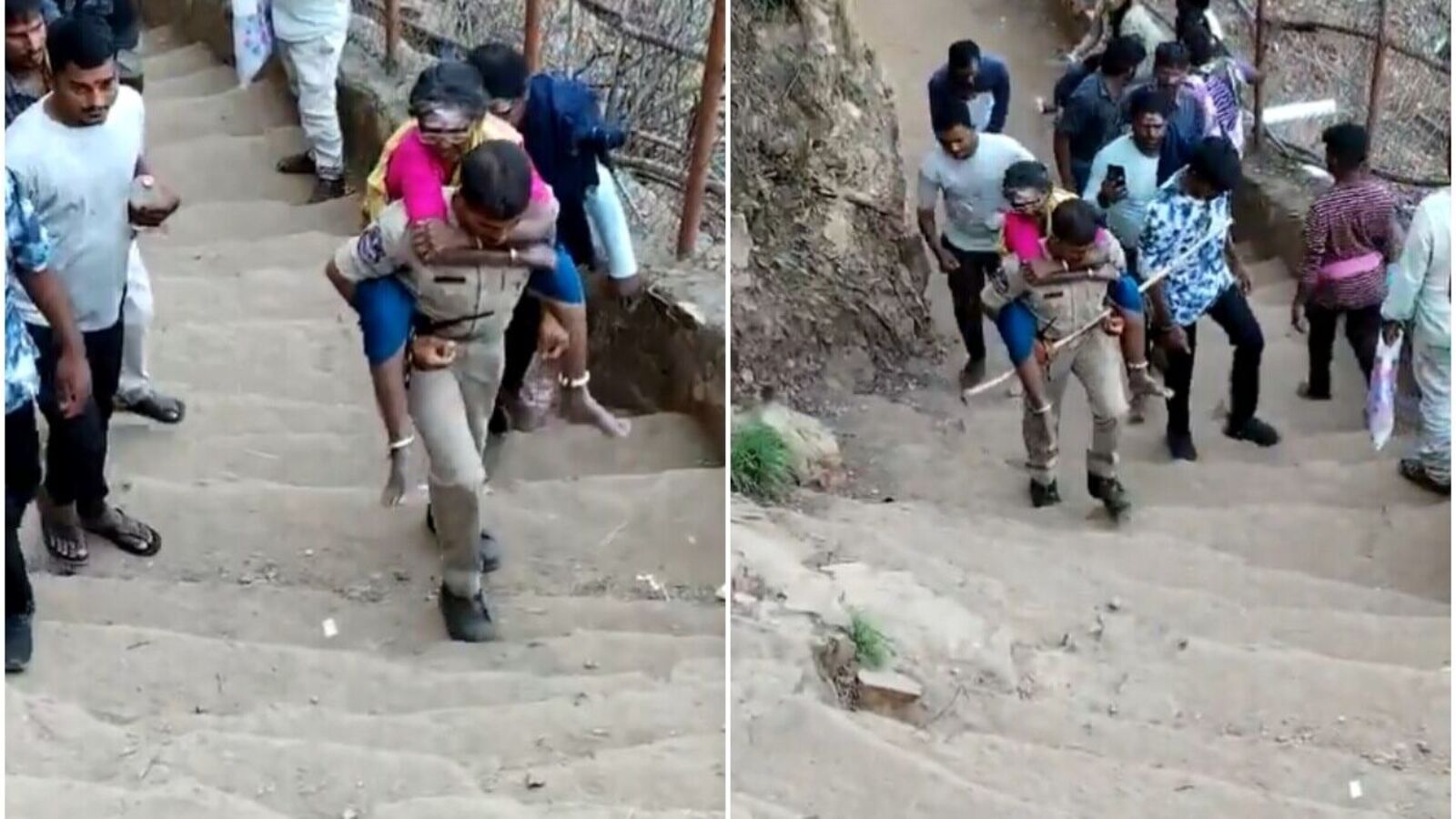 TS Cop Carries Devotee : నల్లమల కొండల్లో 4 కి.మీ భక్తురాలిని వీపుపై మోసిన కానిస్టేబుల్