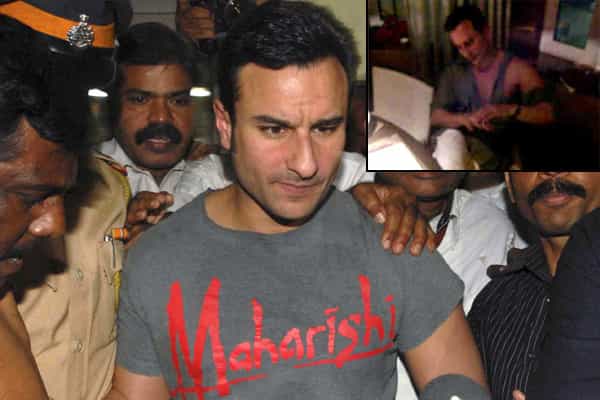 Saif Ali Khan escorted by the police (Photo: Reuters); (inset) Saif post brawl at the Taj hotel (Photo: India TV).
</div) Saif Ali Khan escorted by the police (Photo: Reuters); (inset) Saif post brawl at the Taj hotel (Photo: India TV).
</div)