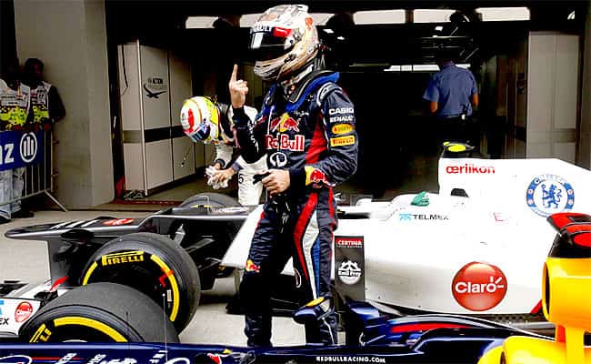 Sebastian Vettel celebrates finishing first in the qualifying race of Indian Grand Prix at Buddh International Circuit. HT/Virendra Singh Gosain Sebastian Vettel celebrates finishing first in the qualifying race of Indian Grand Prix at Buddh International Circuit. HT/Virendra Singh Gosain