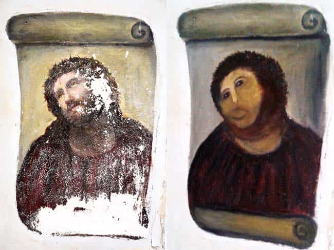 This combination of two undated handout photos shows the Ecce Homo-style fresco of Christ before (left) and after (right) an elderly amateur artist took it upon herself to restore. (AP/Centro de estudios Borjanos)
</div) This combination of two undated handout photos shows the Ecce Homo-style fresco of Christ before (left) and after (right) an elderly amateur artist took it upon herself to restore. (AP/Centro de estudios Borjanos)
</div)