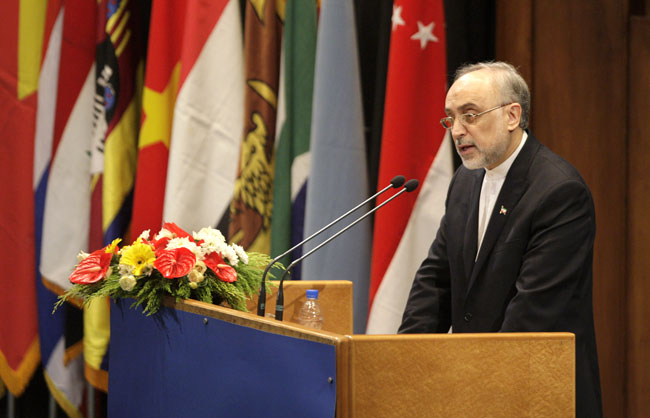 Iran's foreign minister Ali Akbar Salehi delivers a speech during a meeting of the Non-Aligned Movement in Tehran. AP Iran's foreign minister Ali Akbar Salehi delivers a speech during a meeting of the Non-Aligned Movement in Tehran. AP