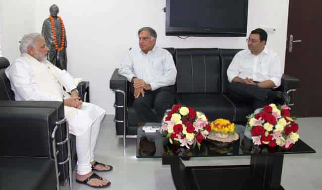 A handout photograph released by the Gujarat State Information Department shows Tata Group chairman emeritus Ratan Tata and his successor Cyrus Mistry talking with the Gujarat CM, Narendra Modi in Gandhinagar. AFP Photo A handout photograph released by the Gujarat State Information Department shows Tata Group chairman emeritus Ratan Tata and his successor Cyrus Mistry talking with the Gujarat CM, Narendra Modi in Gandhinagar. AFP Photo