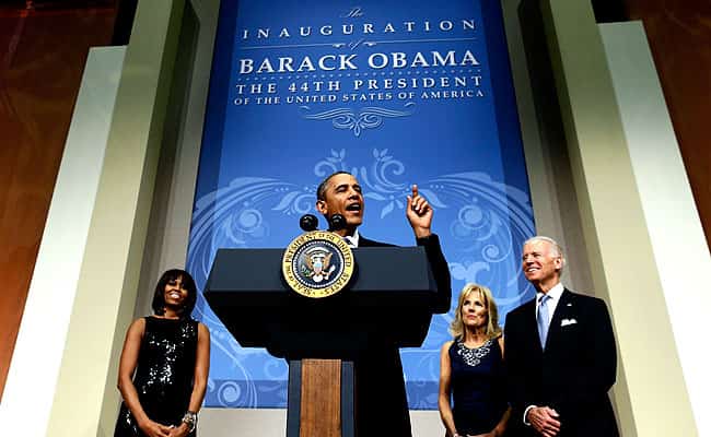 US President Barack Obama and first lady Michelle Obama, US vice president Joe Biden and Jill Biden, speak to supporters and donors at an inaugural reception for the 57th Presidential Inauguration at The National Building Museum in Washington. AP Photo US President Barack Obama and first lady Michelle Obama, US vice president Joe Biden and Jill Biden, speak to supporters and donors at an inaugural reception for the 57th Presidential Inauguration at The National Building Museum in Washington. AP Photo