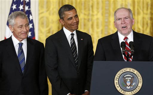 President Barack Obama and his choice for Defense Secretary, former Nebraska Senator Chuck Hagel, left, listen as the president's choice for CIA Director, Deputy National Security Adviser for Homeland Security and Counterterrorism, John Brennan, right, speaks in the East Room of the White House in Washington where the president made the announcement. AP Photo/Carolyn Kaster President Barack Obama and his choice for Defense Secretary, former Nebraska Senator Chuck Hagel, left, listen as the president's choice for CIA Director, Deputy National Security Adviser for Homeland Security and Counterterrorism, John Brennan, right, speaks in the East Room of the White House in Washington where the president made the announcement. AP Photo/Carolyn Kaster