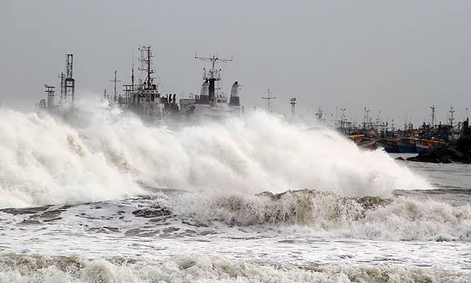 A big wave smashes into a breakwater at a fishing harbour in Jalaripeta, in Visakhapatnam. (Reuters Photo) A big wave smashes into a breakwater at a fishing harbour in Jalaripeta, in Visakhapatnam. (Reuters Photo)
