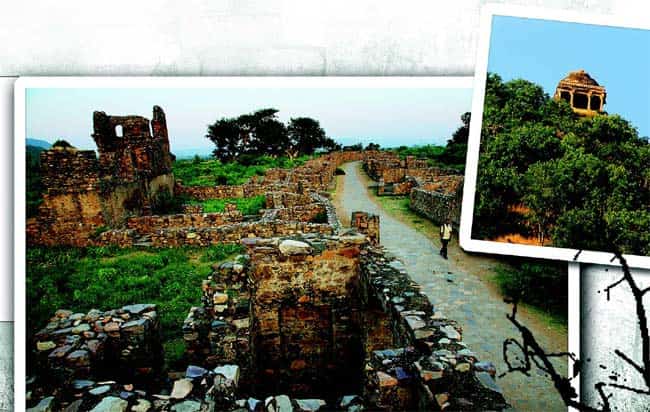 Legend of the land: A lecherous tantrik, Singhia, was attracted to Ratnavati, the queen of Bhangarh. One day, when the queen’s maid was buying some hair hall from the market (left), he cast a spell on the oil in order to seduce the queen. Unfortunately for the tantrik (and consequently, for all of Bhangarh), the queen was a master tantrik herself. One look at the swirling oil, and she threw it on a stone, which magnified into a boulder advancing to crush Singhia. Before dying, the tantrik cursed the land. The Chhatri on the hill (right) was later built where he lived. (Photos by M Zhazo; Imaging by Ashish Singh) Legend of the land: A lecherous tantrik, Singhia, was attracted to Ratnavati, the queen of Bhangarh. One day, when the queen’s maid was buying some hair hall from the market (left), he cast a spell on the oil in order to seduce the queen. Unfortunately for the tantrik (and consequently, for all of Bhangarh), the queen was a master tantrik herself. One look at the swirling oil, and she threw it on a stone, which magnified into a boulder advancing to crush Singhia. Before dying, the tantrik cursed the land. The Chhatri on the hill (right) was later built where he lived. (Photos by M Zhazo; Imaging by Ashish Singh)