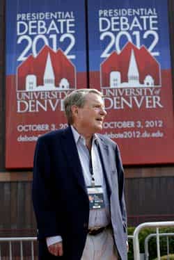 Jim Lehrer stands outside the Magness Arena on the campus of the University of Denver. AP Photo Jim Lehrer stands outside the Magness Arena on the campus of the University of Denver. AP Photo