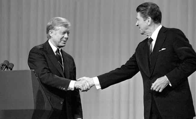 A file photo shows former president Jimmy Carter and Republican presidential candidate Ronald Reagan shake hands after debating in the Cleveland Music Hall in Cleveland. AP Photo A file photo shows former president Jimmy Carter and Republican presidential candidate Ronald Reagan shake hands after debating in the Cleveland Music Hall in Cleveland. AP Photo