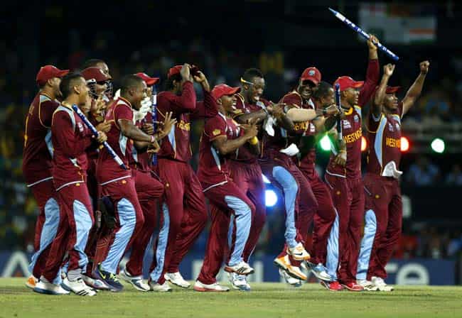 West Indies's cricketers celebrate as they beat Sri Lanka to win the ICC T20 Cricket World Cup. AP