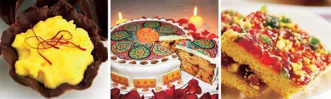 (L to R) Phirni in chocolate, Rangoli fruit cake, Dry fruit & apricot patt) (L to R) Phirni in chocolate, Rangoli fruit cake, Dry fruit & apricot patt)