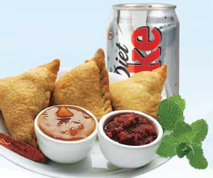 Take your pick: In JetKonnect, at any given time you can get samosas (Rs 120 for two). You can also order a Diet Coke (Rs 50) Take your pick: In JetKonnect, at any given time you can get samosas (Rs 120 for two). You can also order a Diet Coke (Rs 50)