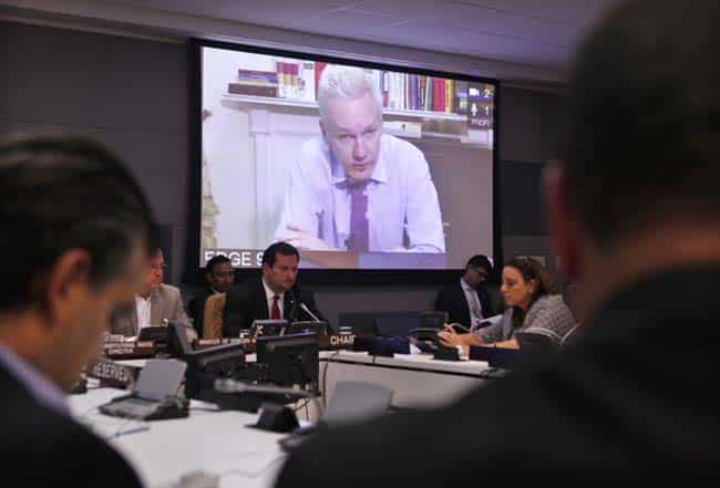 Assange addresses a meeting via videolink from Ecuador's London embassy during the United Nations general assembly at UN headquarters. AP/Jason DeCrow Assange addresses a meeting via videolink from Ecuador's London embassy during the United Nations general assembly at UN headquarters. AP/Jason DeCrow