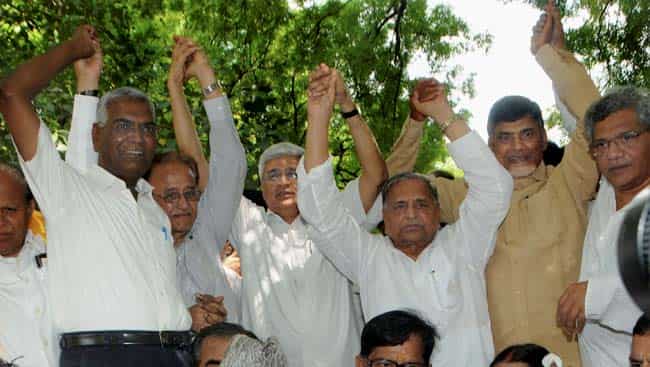 File photo of Samajwadi Party chief Mulayam Singh Yadav, CPI-M General Secretary Prakash Karat, CPI leaders S Sudhakar Reddy and D Raja, CPI-M leader Sitaram Yechury and TDP chief N Chandrababu Naidu join. PTI photo File photo of Samajwadi Party chief Mulayam Singh Yadav, CPI-M General Secretary Prakash Karat, CPI leaders S Sudhakar Reddy and D Raja, CPI-M leader Sitaram Yechury and TDP chief N Chandrababu Naidu join. PTI photo