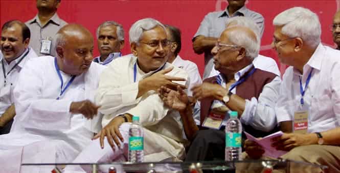 CPI-M general secretary Prakash Karat, CPI leader AB Bardhan, Bihar chief minister Nitish Kumar and JD-S president HD Devegowda at a convention on 'People's Unity Against Communalism' at Talkatora Stadium, New Delhi. (PTI Photo) CPI-M general secretary Prakash Karat, CPI leader AB Bardhan, Bihar chief minister Nitish Kumar and JD-S president HD Devegowda at a convention on 'People's Unity Against Communalism' at Talkatora Stadium, New Delhi. (PTI Photo)