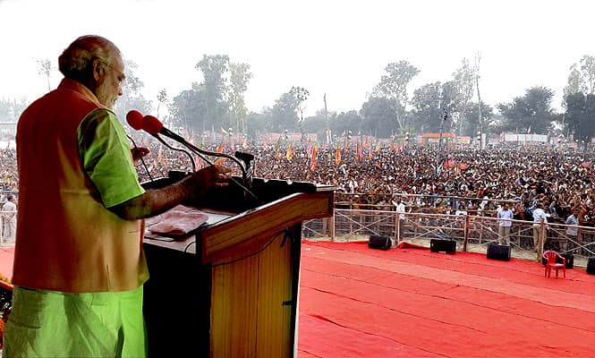 Gujarat CM and BJP PM candidate Narendra Modi addresses a rally in Bahraich, UP. (PTI Photo) Gujarat CM and BJP PM candidate Narendra Modi addresses a rally in Bahraich, UP. (PTI Photo)