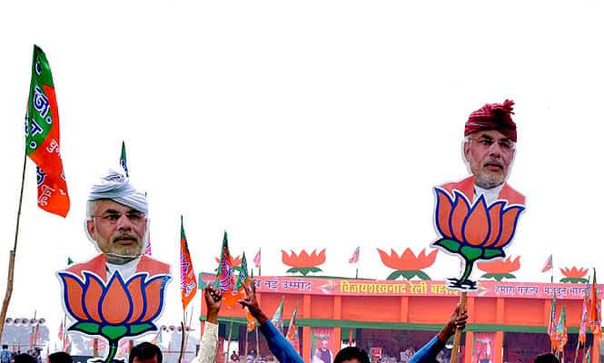 Cut-outs of Gujarat CM and BJP PM Candidate Narendra Modi during his Vijay Shankhnad rally in Bahraich, UP. (PTI Photo) Cut-outs of Gujarat CM and BJP PM Candidate Narendra Modi during his Vijay Shankhnad rally in Bahraich, UP. (PTI Photo)