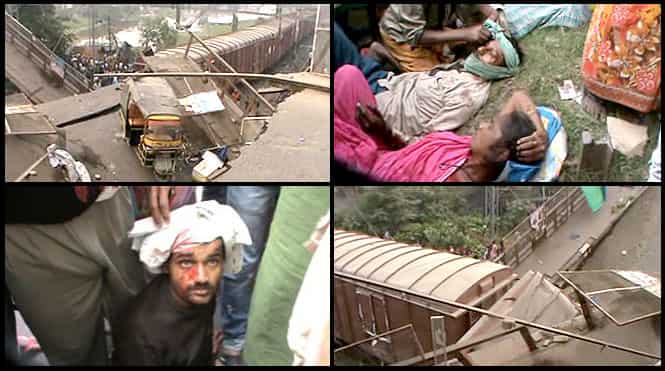 The scene of destruction after a flyover collapsed on a stationary goods train in Muzaffarpur. (HT Photo)
</div) The scene of destruction after a flyover collapsed on a stationary goods train in Muzaffarpur. (HT Photo)
</div)