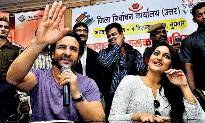 Actors Saif Ali Khan and Sonakshi Sinha at a voter awareness event in Delhi. (Sushil Kumar/ HT Photo)</em></strong) Actors Saif Ali Khan and Sonakshi Sinha at a voter awareness event in Delhi. (Sushil Kumar/ HT Photo)</em></strong)