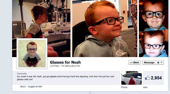 A screengrab of the community page 'Glasses for Noah' created by 4-year-old Noah's parents. (Facebook page Glasses for Noah)
</div) A screengrab of the community page 'Glasses for Noah' created by 4-year-old Noah's parents. (Facebook page Glasses for Noah)
</div)