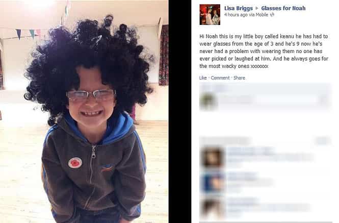 A screengrab of the community page 'Glasses for Noah' created by 4-year-old Noah's parents. (Facebook page Glasses for Noah)
</div) A screengrab of the community page 'Glasses for Noah' created by 4-year-old Noah's parents. (Facebook page Glasses for Noah)
</div)