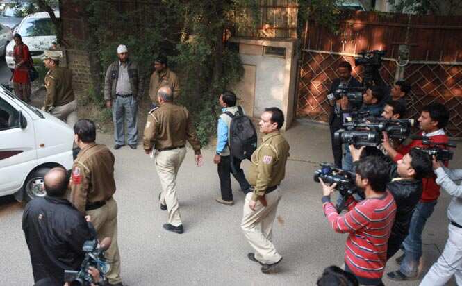 Police at the residence of Tarun Tejpal, the founder of Tehelka in New Delhi. (PTI Photo)
</div) Police at the residence of Tarun Tejpal, the founder of Tehelka in New Delhi. (PTI Photo)
</div)