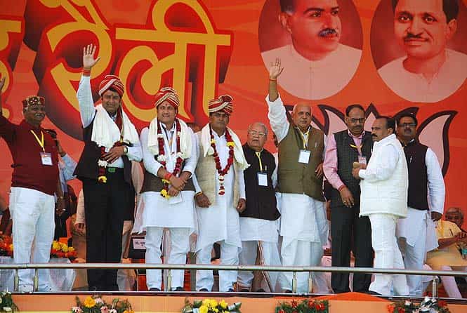 The BJP felicitated Sangeet Som (second from left), MLA from Meerut’s Sardhana constituency, who is an accused in the Muzaffarnagar riot) The BJP felicitated Sangeet Som (second from left), MLA from Meerut’s Sardhana constituency, who is an accused in the Muzaffarnagar riot)