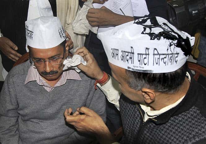Nachiketa Mavlekar, claiming to be a supporter of Anna Hazare and a BJP worker, threw ink at AAP leader Arvind Kejriwal during a press conference at Constitution Club in New Delhi. (HT Photo/Sonu Mehta) Nachiketa Mavlekar, claiming to be a supporter of Anna Hazare and a BJP worker, threw ink at AAP leader Arvind Kejriwal during a press conference at Constitution Club in New Delhi. (HT Photo/Sonu Mehta)