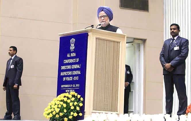 Prime Minister Manmohan Singh addresses the All India Conference of DGPs/IGPs at Vigyan Bhavan in New Delhi. (PTI Photo)</em>
</div) Prime Minister Manmohan Singh addresses the All India Conference of DGPs/IGPs at Vigyan Bhavan in New Delhi. (PTI Photo)</em>
</div)