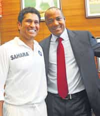 Sachin with Windies legend Brian Lara. (Prakash Parsekar/HT Photo)
</div) Sachin with Windies legend Brian Lara. (Prakash Parsekar/HT Photo)
</div)