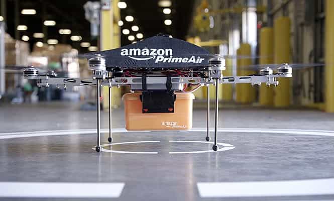 This photo shows a flying octocopter, the mini-drone that would be used to fly small packages to consumers. (AFP photo)</em) This photo shows a flying octocopter, the mini-drone that would be used to fly small packages to consumers. (AFP photo)</em)