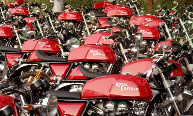 This file photograph shows parked Continental GT motorcycles by Royal Enfield at Siridao in Goa during a launch event for the Indian market. (AFP Photo) Motorbike makers turn to 1960s in 'cafe racer' revival
