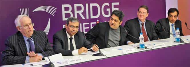 From left: Professor Henry Bienen, former President of Northwestern University, Professor Dipak Jain, former dean of INSEAD and Kellogg School of Management, Hindustan Times Executive Editor Rajesh Mahapatra, Professor Thomas Gibbons, Dean, School of Continuing Studies at Northwestern University and Rajiv Verma, CEO, HT Media Ltd, at the BRIDGE Briefings event