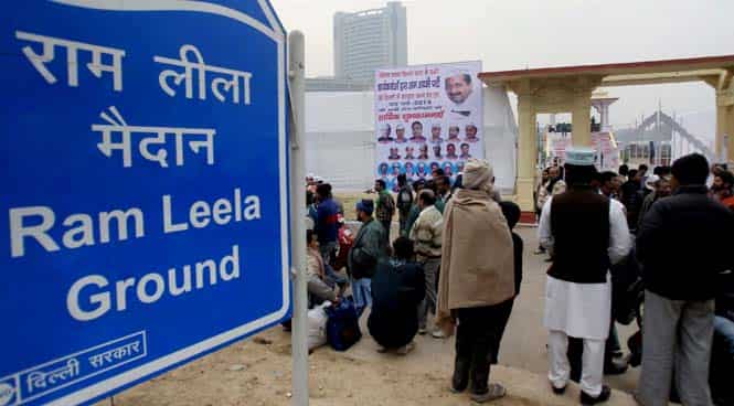 Preparations are underway at Ramlila Maidan on the eve of AAP convener Arvind Kejriwal's oath taking ceremony as Delhi chief minister in New Delhi. (PTI Photo)
</div) Preparations are underway at Ramlila Maidan on the eve of AAP convener Arvind Kejriwal's oath taking ceremony as Delhi chief minister in New Delhi. (PTI Photo)
</div)