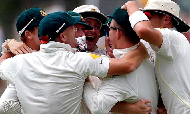 Australia's captain Michael Clarke celebrates with teammates after winning the third Ashes test cricket match.  (Reuters)