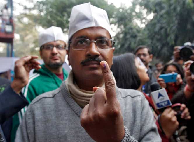 AAP chief Arvind Kejriwal casts his vote at a polling station in New Delhi. (Reuters photo)</em) AAP chief Arvind Kejriwal casts his vote at a polling station in New Delhi. (Reuters photo)</em)