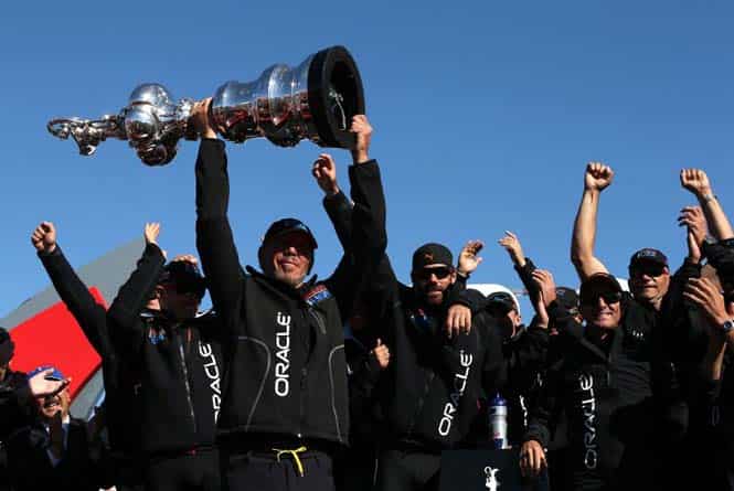 Larry Ellison and Oracle Team USA celebrate after defending the Cup as they beat Emirates Team New Zealand to defend the America's Cup. (AFP file photo)