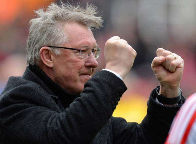 Manchester United manager Alex Ferguson celebrates after the English Premier League match between Stoke City and Manchester United at The Britannia stadium. (AFP file photo)