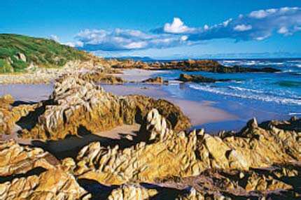 Rock solid panorama: Rock formations on a beach along the Garden Route.