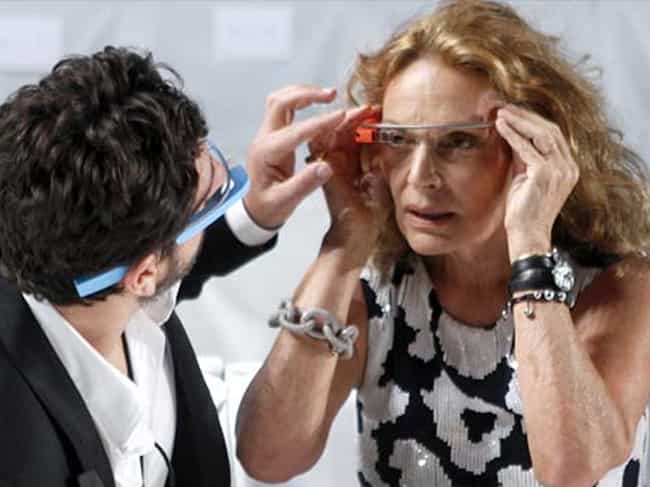 Google founder Sergey Brin (L) adjusts a pair of Project Glass glasses on designer Diane von Furstenberg before the rehearsal for von Furstenberg's Spring/Summer 2013 collection show during New York Fashion Week. Reuters/Carlo Allegr) Google founder Sergey Brin (L) adjusts a pair of Project Glass glasses on designer Diane von Furstenberg before the rehearsal for von Furstenberg's Spring/Summer 2013 collection show during New York Fashion Week. Reuters/Carlo Allegr)