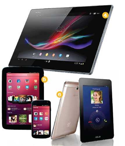 Here come the hotsteppers: (4) The Sony Xperia Tablet Z can even go swimming. (5) Ubuntu Touch has an easy-to-use OS platform. (6) The Asus Fonepad has outstanding voice clarity)