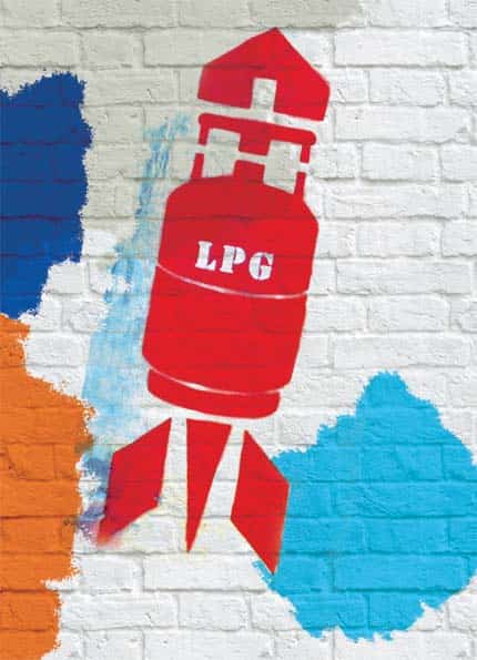 Fuelling thought Daku spray painted these rocket-shaped cylinders after the LPG price hike