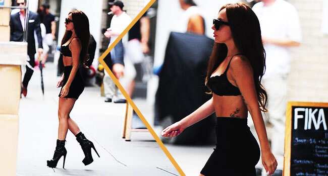 Gaga looks like a doll strutting about in a bra on the streets of NYC Gaga looks like a doll strutting about in a bra on the streets of NYC