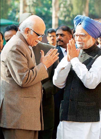 Still in the race: Neither Prime Minister Manmohan Singh (left), 80, nor L K Advani (far left), 85, are ready to walk into the sunset yet
</div) Still in the race: Neither Prime Minister Manmohan Singh (left), 80, nor L K Advani (far left), 85, are ready to walk into the sunset yet
</div)
