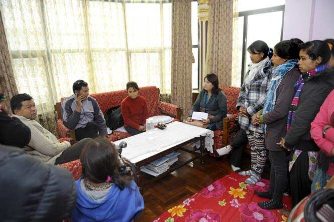 Jayarani Tharu speaks with activists after her rescue in Kathmandu. (AFP)</strong) Jayarani Tharu speaks with activists after her rescue in Kathmandu. (AFP)</strong)
