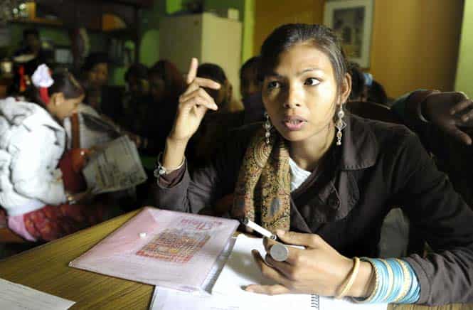 A former 'kamlari' girl, Manjita Chaudhary, gestures as she speaks in Kathmandu. (AFP)</font></strong) A former 'kamlari' girl, Manjita Chaudhary, gestures as she speaks in Kathmandu. (AFP)</font></strong)