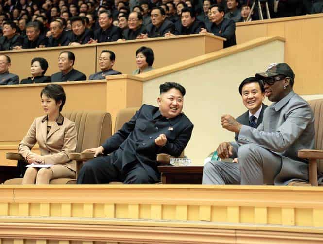 North Korean leader Kim Jong-Un, his wife Ri Sol-Ju and former US basketball star Dennis Rodman (R) watching a basketball game between former NBA players and North Korean players at Pyongyang Gymnasium in Pyongyang. (AFP)</font></em></strong) North Korean leader Kim Jong-Un, his wife Ri Sol-Ju and former US basketball star Dennis Rodman (R) watching a basketball game between former NBA players and North Korean players at Pyongyang Gymnasium in Pyongyang. (AFP)</font></em></strong)