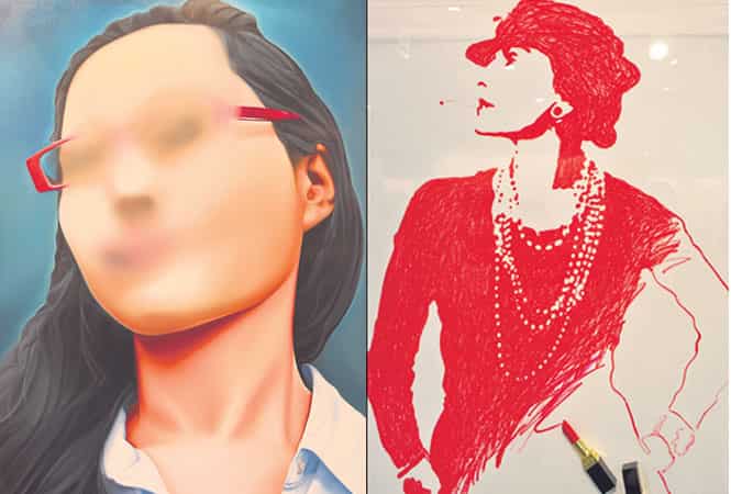 (L) Best known for his portraiture, artist Riyas Komu captures extreme emotions. This untitled work is a portrait of a girl dealing with her fading identity fuelled by the socio-political inequalities of contemporary India. (R) French artist Donadini has very interesting mix media works at the fair. The one on the left is a portrait of Coco Chanel made with red lipstick, and the one above is a wrinkled canvas with a real static brush) (L) Best known for his portraiture, artist Riyas Komu captures extreme emotions. This untitled work is a portrait of a girl dealing with her fading identity fuelled by the socio-political inequalities of contemporary India. (R) French artist Donadini has very interesting mix media works at the fair. The one on the left is a portrait of Coco Chanel made with red lipstick, and the one above is a wrinkled canvas with a real static brush)